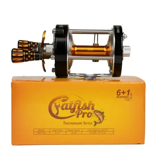 Catfish Pro Tournament Series 600CTS Round Baitcasting Reel - 6+1 Stainless Steel Ball Bearings, 5.3: 1 Gear Ratio, 19lb Drag, Brass Gears, Centrifugal Brake, Durable & Powerful for Big Catfish Fishing - 2