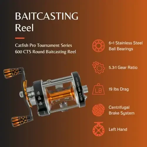 Catfish Pro Tournament Series 600CTS Round Baitcasting Reel - 6+1 Stainless Steel Ball Bearings, 5.3: 1 Gear Ratio, 19lb Drag, Brass Gears, Centrifugal Brake, Durable & Powerful for Big Catfish Fishing - 6