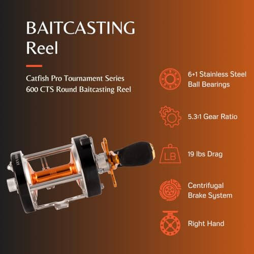 Catfish Pro Tournament Series 600CTS Round Baitcasting Reel - 6+1 Stainless Steel Ball Bearings, 5.3:1 Gear Ratio, 19lb Drag, Brass Gears, Centrifugal Brake, Durable & Powerful for Big Catfish Fishing - 8