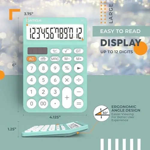 CATIGA 12 Digit Desktop Calculator Basic Desk Calculator with Large LCD Display, Big Buttons, 4 Function, Solar and Battery Dual Power, for Office, School, Home, SD-1292 Fresh Blue - 5
