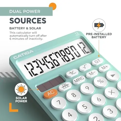 CATIGA 12 Digit Desktop Calculator Basic Desk Calculator with Large LCD Display, Big Buttons, 4 Function, Solar and Battery Dual Power, for Office, School, Home, SD-1292 Fresh Blue - 3