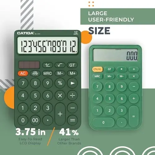 CATIGA 12 Digit Desktop Calculator Basic Desk Calculator with Large LCD Display, Big Buttons, 4 Function, Solar and Battery Dual Power, for Office, School, Home, SD-1292 Green - 1