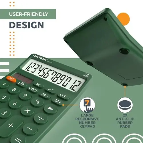CATIGA 12 Digit Desktop Calculator Basic Desk Calculator with Large LCD Display, Big Buttons, 4 Function, Solar and Battery Dual Power, for Office, School, Home, SD-1292 Green - 4