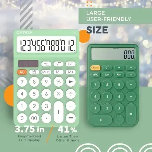 CATIGA 12 Digit Desktop Calculator Basic Desk Calculator with Large LCD Display, Big Buttons, 4 Function, Solar and Battery Dual Power, for Office, School, Home, SD-1292 Mint - 2