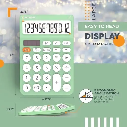 CATIGA 12 Digit Desktop Calculator Basic Desk Calculator with Large LCD Display, Big Buttons, 4 Function, Solar and Battery Dual Power, for Office, School, Home, SD-1292 Mint - 3