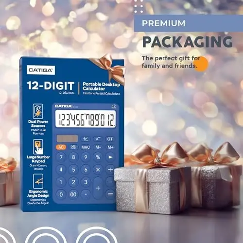 CATIGA 12 Digit Desktop Calculator Basic Desk Calculator with Large LCD Display, Big Buttons, 4 Function, Solar and Battery Dual Power, for Office, School, Home, SD-1292 Navy Blue - CATIGA