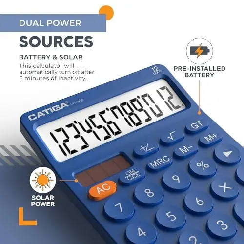 CATIGA 12 Digit Desktop Calculator Basic Desk Calculator with Large LCD Display, Big Buttons, 4 Function, Solar and Battery Dual Power, for Office, School, Home, SD-1292 Navy Blue - 3