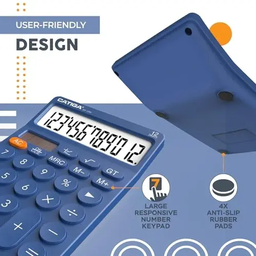 CATIGA 12 Digit Desktop Calculator Basic Desk Calculator with Large LCD Display, Big Buttons, 4 Function, Solar and Battery Dual Power, for Office, School, Home, SD-1292 Navy Blue - 4