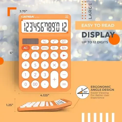 CATIGA 12 Digit Desktop Calculator Basic Desk Calculator with Large LCD Display, Big Buttons, 4 Function, Solar and Battery Dual Power, for Office, School, Home, SD-1292 Orange - 3