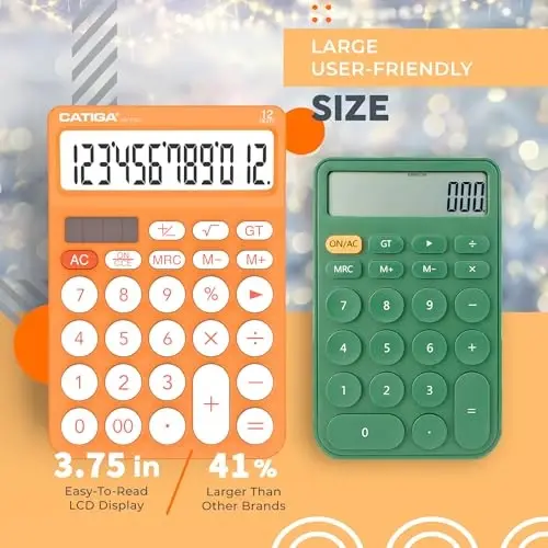 CATIGA 12 Digit Desktop Calculator Basic Desk Calculator with Large LCD Display, Big Buttons, 4 Function, Solar and Battery Dual Power, for Office, School, Home, SD-1292 Orange - 2