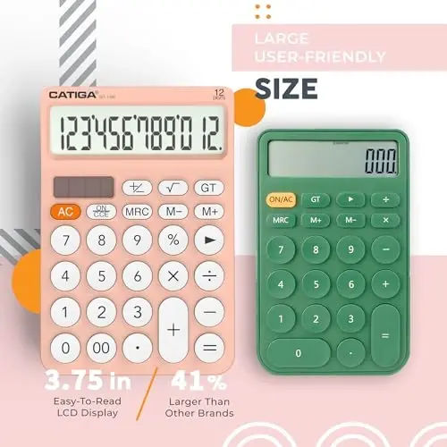 CATIGA 12 Digit Desktop Calculator Basic Desk Calculator with Large LCD Display, Big Buttons, 4 Function, Solar and Battery Dual Power, for Office, School, Home, SD-1292 Pink - 1