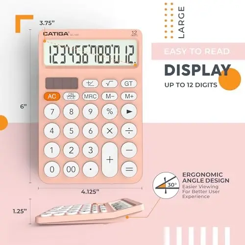 CATIGA 12 Digit Desktop Calculator Basic Desk Calculator with Large LCD Display, Big Buttons, 4 Function, Solar and Battery Dual Power, for Office, School, Home, SD-1292 Pink - 2