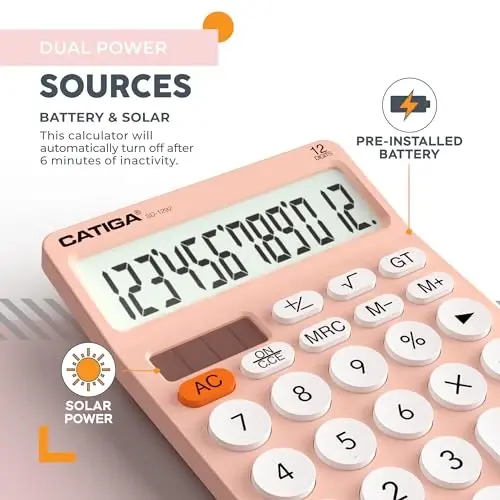 CATIGA 12 Digit Desktop Calculator Basic Desk Calculator with Large LCD Display, Big Buttons, 4 Function, Solar and Battery Dual Power, for Office, School, Home, SD-1292 Pink - 3