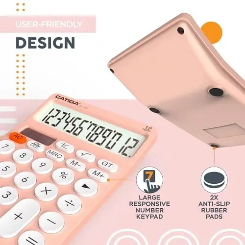 CATIGA 12 Digit Desktop Calculator Basic Desk Calculator with Large LCD Display, Big Buttons, 4 Function, Solar and Battery Dual Power, for Office, School, Home, SD-1292 Pink - 4