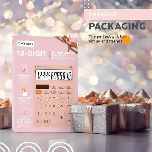 CATIGA 12 Digit Desktop Calculator Basic Desk Calculator with Large LCD Display, Big Buttons, 4 Function, Solar and Battery Dual Power, for Office, School, Home, SD-1292 Pink - CATIGA (1)