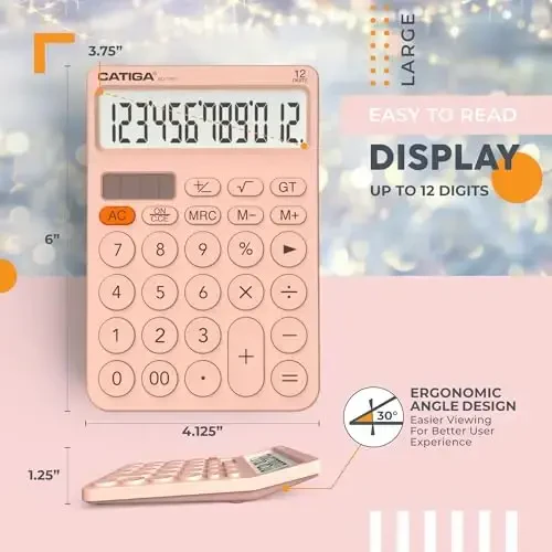 CATIGA 12 Digit Desktop Calculator Basic Desk Calculator with Large LCD Display, Big Buttons, 4 Function, Solar and Battery Dual Power, for Office, School, Home, SD-1292 Pink - 3