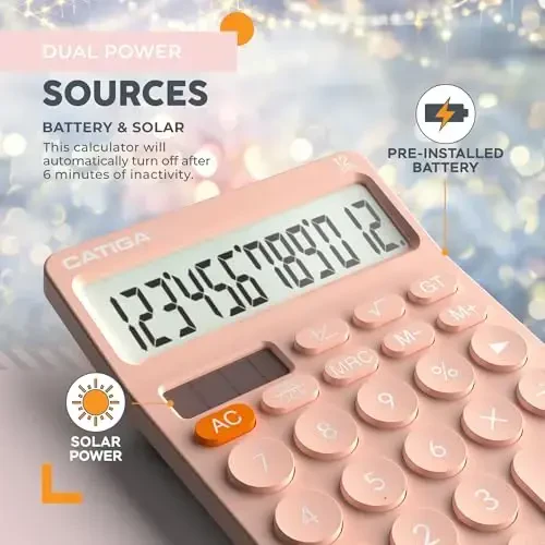 CATIGA 12 Digit Desktop Calculator Basic Desk Calculator with Large LCD Display, Big Buttons, 4 Function, Solar and Battery Dual Power, for Office, School, Home, SD-1292 Pink - 4