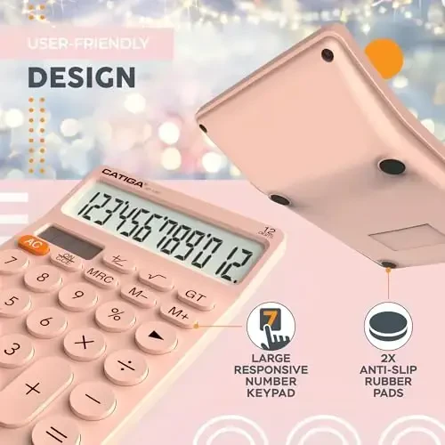 CATIGA 12 Digit Desktop Calculator Basic Desk Calculator with Large LCD Display, Big Buttons, 4 Function, Solar and Battery Dual Power, for Office, School, Home, SD-1292 Pink - 5
