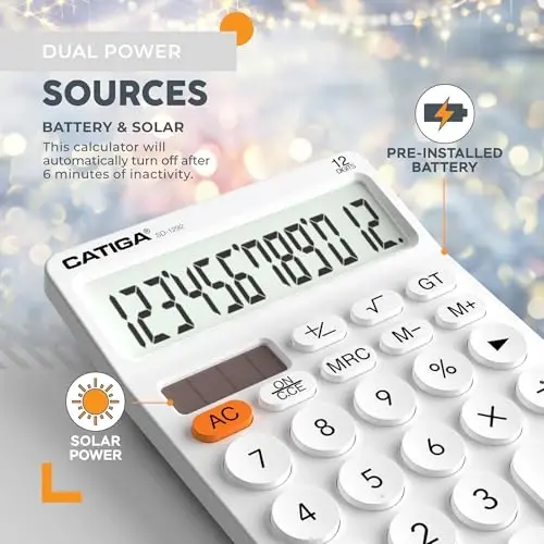 CATIGA 12 Digit Desktop Calculator Basic Desk Calculator with Large LCD Display, Big Buttons, 4 Function, Solar and Battery Dual Power, for Office, School, Home, SD-1292 White - 4