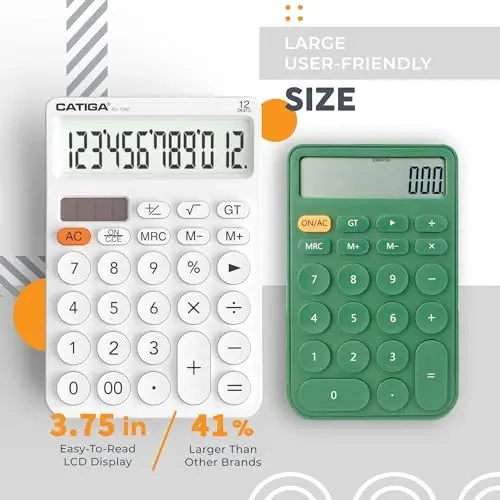 CATIGA 12 Digit Desktop Calculator Basic Desk Calculator with Large LCD Display, Big Buttons, 4 Function, Solar and Battery Dual Power, for Office, School, Home, SD-1292 White - 1