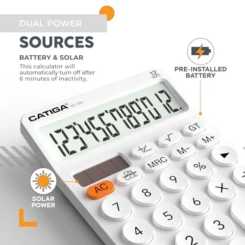 CATIGA 12 Digit Desktop Calculator Basic Desk Calculator with Large LCD Display, Big Buttons, 4 Function, Solar and Battery Dual Power, for Office, School, Home, SD-1292 White - 3