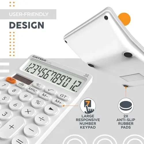 CATIGA 12 Digit Desktop Calculator Basic Desk Calculator with Large LCD Display, Big Buttons, 4 Function, Solar and Battery Dual Power, for Office, School, Home, SD-1292 White - 4