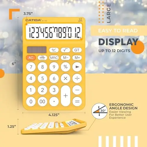 CATIGA 12 Digit Desktop Calculator Basic Desk Calculator with Large LCD Display, Big Buttons, 4 Function, Solar and Battery Dual Power, for Office, School, Home, SD-1292 Yellow - 3