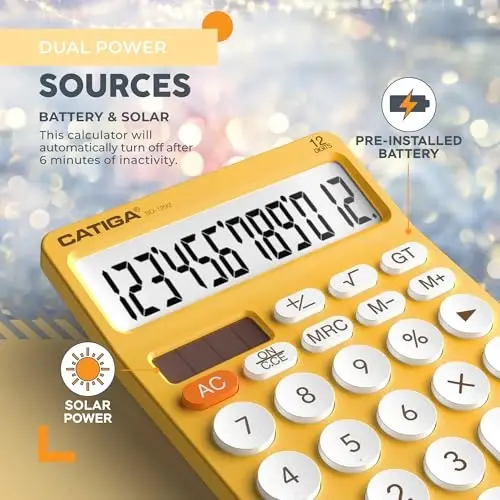 CATIGA 12 Digit Desktop Calculator Basic Desk Calculator with Large LCD Display, Big Buttons, 4 Function, Solar and Battery Dual Power, for Office, School, Home, SD-1292 Yellow - 4