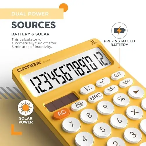CATIGA 12 Digit Desktop Calculator Basic Desk Calculator with Large LCD Display, Big Buttons, 4 Function, Solar and Battery Dual Power, for Office, School, Home, SD-1292 Yellow - 3