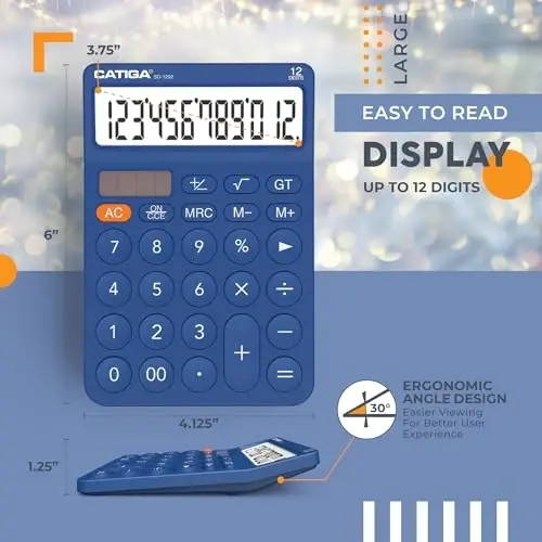 CATIGA 12 Digit Desktop Calculator Katta LCD Displey, Katta Tugmalar, 4 Funktsiya, Quyosh va Batareya Ikkilamchi Quvvat, Ofis, Maktab, Uy uchun Asosiy Stol Kalkulyatori, SD-1292 To'q ko'k - 3