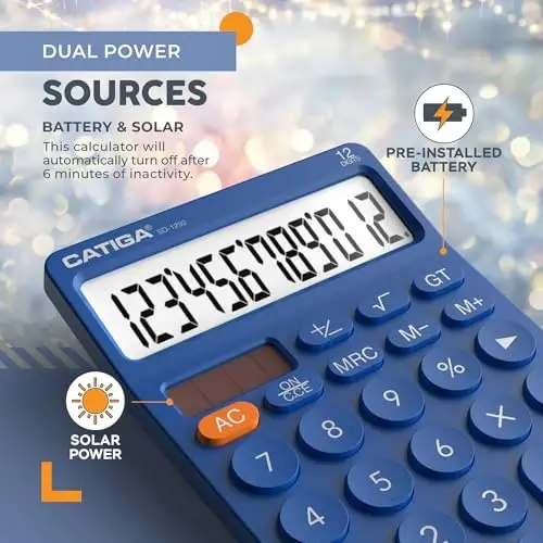 CATIGA 12 Digit Desktop Calculator Katta LCD Displey, Katta Tugmalar, 4 Funktsiya, Quyosh va Batareya Ikkilamchi Quvvat, Ofis, Maktab, Uy uchun Asosiy Stol Kalkulyatori, SD-1292 To'q ko'k - 4