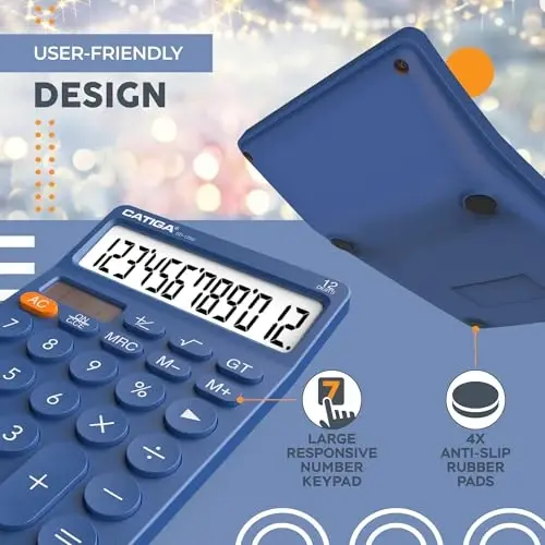 CATIGA 12 Digit Desktop Calculator Katta LCD Displey, Katta Tugmalar, 4 Funktsiya, Quyosh va Batareya Ikkilamchi Quvvat, Ofis, Maktab, Uy uchun Asosiy Stol Kalkulyatori, SD-1292 To'q ko'k - 5