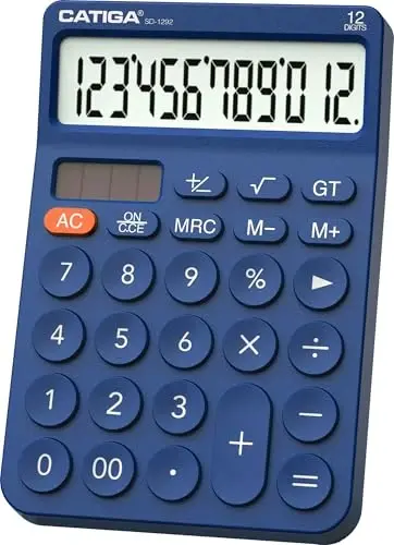 CATIGA 12 Digit Desktop Calculator Katta LCD Displey, Katta Tugmalar, 4 Funktsiya, Quyosh va Batareya Ikkilamchi Quvvat, Ofis, Maktab, Uy uchun Asosiy Stol Kalkulyatori, SD-1292 To'q ko'k - 6