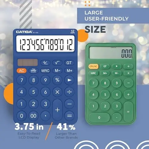 CATIGA 12 Digit Desktop Calculator Katta LCD Displey, Katta Tugmalar, 4 Funktsiya, Quyosh va Batareya Ikkilamchi Quvvat, Ofis, Maktab, Uy uchun Asosiy Stol Kalkulyatori, SD-1292 To'q ko'k - 2