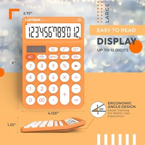 CATIGA 12 Digit Desktop Calculator Katta LCD displeyli asosiy stol kalkulyatori, katta tugmalar, 4 funktsiya, quyosh va batareya bilan ikkilamchi quvvat, ofis, maktab, uy uchun, SD-1292 to'q sariq - 3