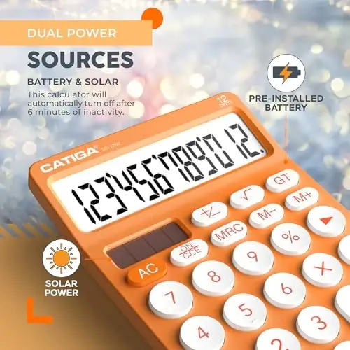 CATIGA 12 Digit Desktop Calculator Katta LCD displeyli asosiy stol kalkulyatori, katta tugmalar, 4 funktsiya, quyosh va batareya bilan ikkilamchi quvvat, ofis, maktab, uy uchun, SD-1292 to'q sariq - 4