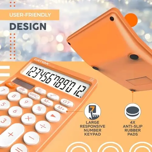 CATIGA 12 Digit Desktop Calculator Katta LCD displeyli asosiy stol kalkulyatori, katta tugmalar, 4 funktsiya, quyosh va batareya bilan ikkilamchi quvvat, ofis, maktab, uy uchun, SD-1292 to'q sariq - 5