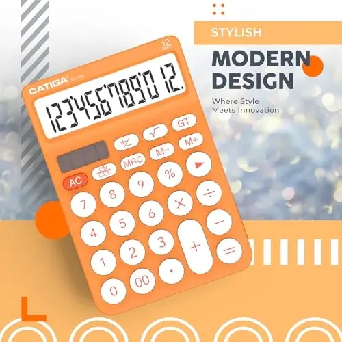 CATIGA 12 Digit Desktop Calculator Katta LCD displeyli asosiy stol kalkulyatori, katta tugmalar, 4 funktsiya, quyosh va batareya bilan ikkilamchi quvvat, ofis, maktab, uy uchun, SD-1292 to'q sariq - 6