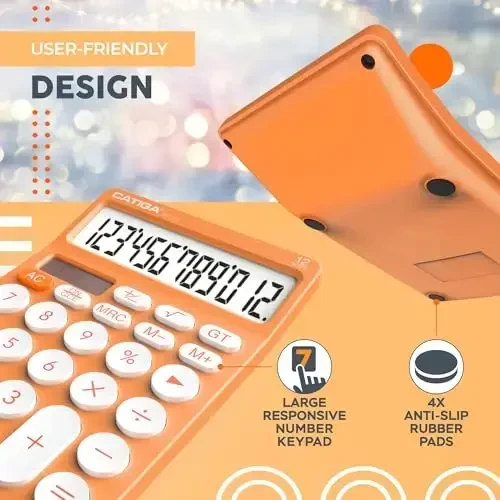 CATIGA 12 Digit Desktop Calculator Katta LCD displeyli asosiy stol kalkulyatori, katta tugmalar, 4 funktsiya, quyosh va batareya bilan ikkilamchi quvvat, ofis, maktab, uy uchun, SD-1292 to'q sariq - 5