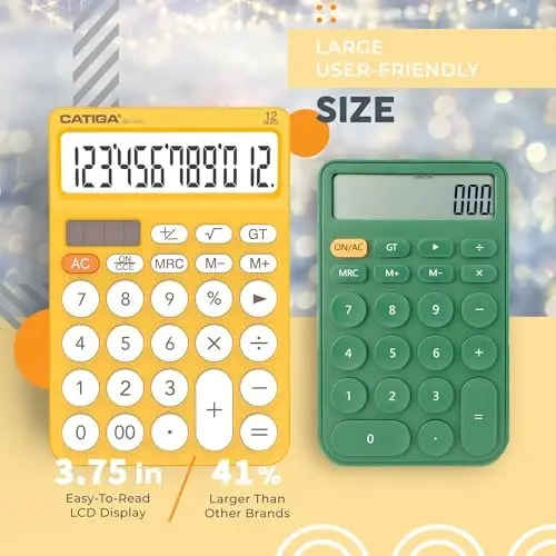 CATIGA 12 Digit Desktop Calculator Katta LCD displeyli, katta tugmachali, 4 funksiyali, quyosh va batareya quvvatli, ofis, maktab, uy uchun SD-1292 sariq asosiy stol kalkulyatori - 2