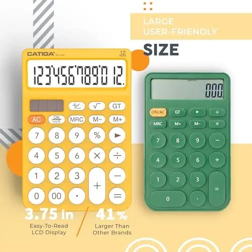 CATIGA 12 Digit Desktop Calculator Katta LCD displeyli, katta tugmachali, 4 funksiyali, quyosh va batareya quvvatli, ofis, maktab, uy uchun SD-1292 sariq asosiy stol kalkulyatori - CATIGA