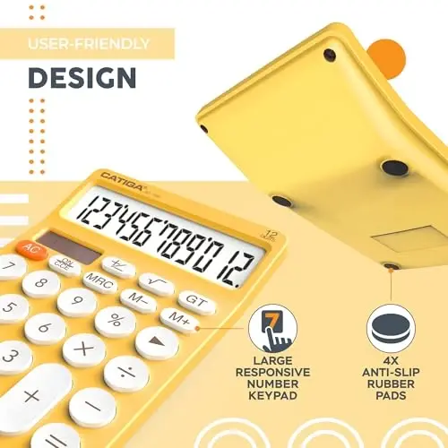 CATIGA 12 Digit Desktop Calculator Katta LCD displeyli, katta tugmachali, 4 funksiyali, quyosh va batareya quvvatli, ofis, maktab, uy uchun SD-1292 sariq asosiy stol kalkulyatori - 4