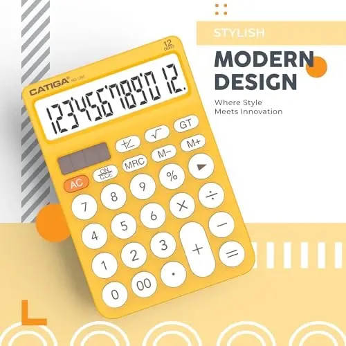 CATIGA 12 Digit Desktop Calculator Katta LCD displeyli, katta tugmachali, 4 funksiyali, quyosh va batareya quvvatli, ofis, maktab, uy uchun SD-1292 sariq asosiy stol kalkulyatori - 5
