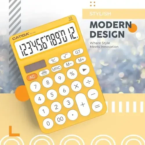 CATIGA 12 Digit Desktop Calculator Katta LCD displeyli, katta tugmachali, 4 funksiyali, quyosh va batareya quvvatli, ofis, maktab, uy uchun SD-1292 sariq asosiy stol kalkulyatori - 5