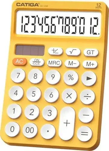 CATIGA 12 Digit Desktop Calculator Katta LCD displeyli, katta tugmachali, 4 funksiyali, quyosh va batareya quvvatli, ofis, maktab, uy uchun SD-1292 sariq asosiy stol kalkulyatori - 6