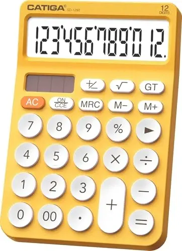 CATIGA 12 Digit Desktop Calculator Katta LCD displeyli, katta tugmachali, 4 funksiyali, quyosh va batareya quvvatli, ofis, maktab, uy uchun SD-1292 sariq asosiy stol kalkulyatori - 5