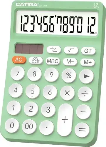CATIGA 12 Digit Desktop Calculator Katta LCD displeyli, katta tugmachali, 4 funksiyali, quyosh va batareyali ikki quvvatli, ofis, maktab, uy uchun asosiy stol kalkulyatori, SD-1292 Mint - 7