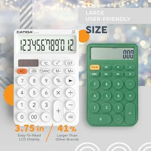 CATIGA 12 Digit Desktop Calculator Katta LCD displeyli, katta tugmachali, 4 funksiyali, quyosh va batareyali, ofis, maktab, uy uchun SD-1292 oq - 2