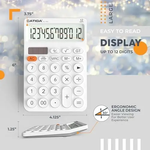 CATIGA 12 Digit Desktop Calculator Katta LCD displeyli, katta tugmachali, 4 funksiyali, quyosh va batareyali, ofis, maktab, uy uchun SD-1292 oq - 3