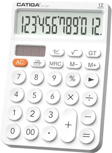CATIGA 12 Digit Desktop Calculator Katta LCD displeyli, katta tugmachali, 4 funksiyali, quyosh va batareyali, ofis, maktab, uy uchun SD-1292 oq - 6